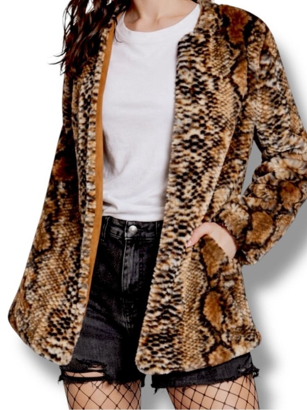 Band of Gypsies Snake-Print Faux Fur Jacket in Brown & Tan